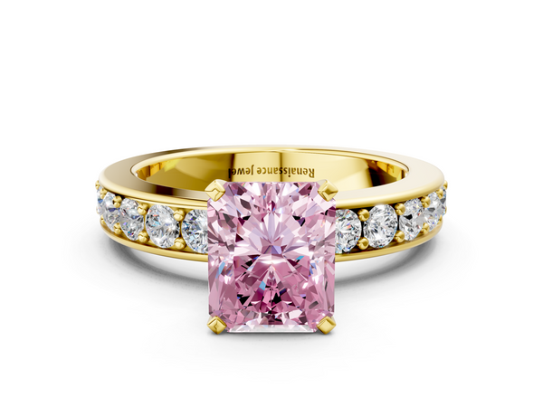 Yellow gold Fancy Pink Radiant  Cut Channel Set Diamond Engagement Ring with Four-Prong Setting