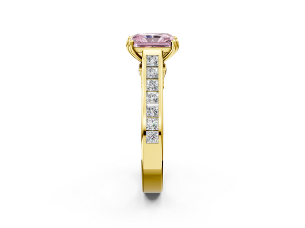 Yellow Gold Radiant Cut Channel Set Solitaire Engagement Ring Setting for Fancy Pink Center with Double Claw Prongs