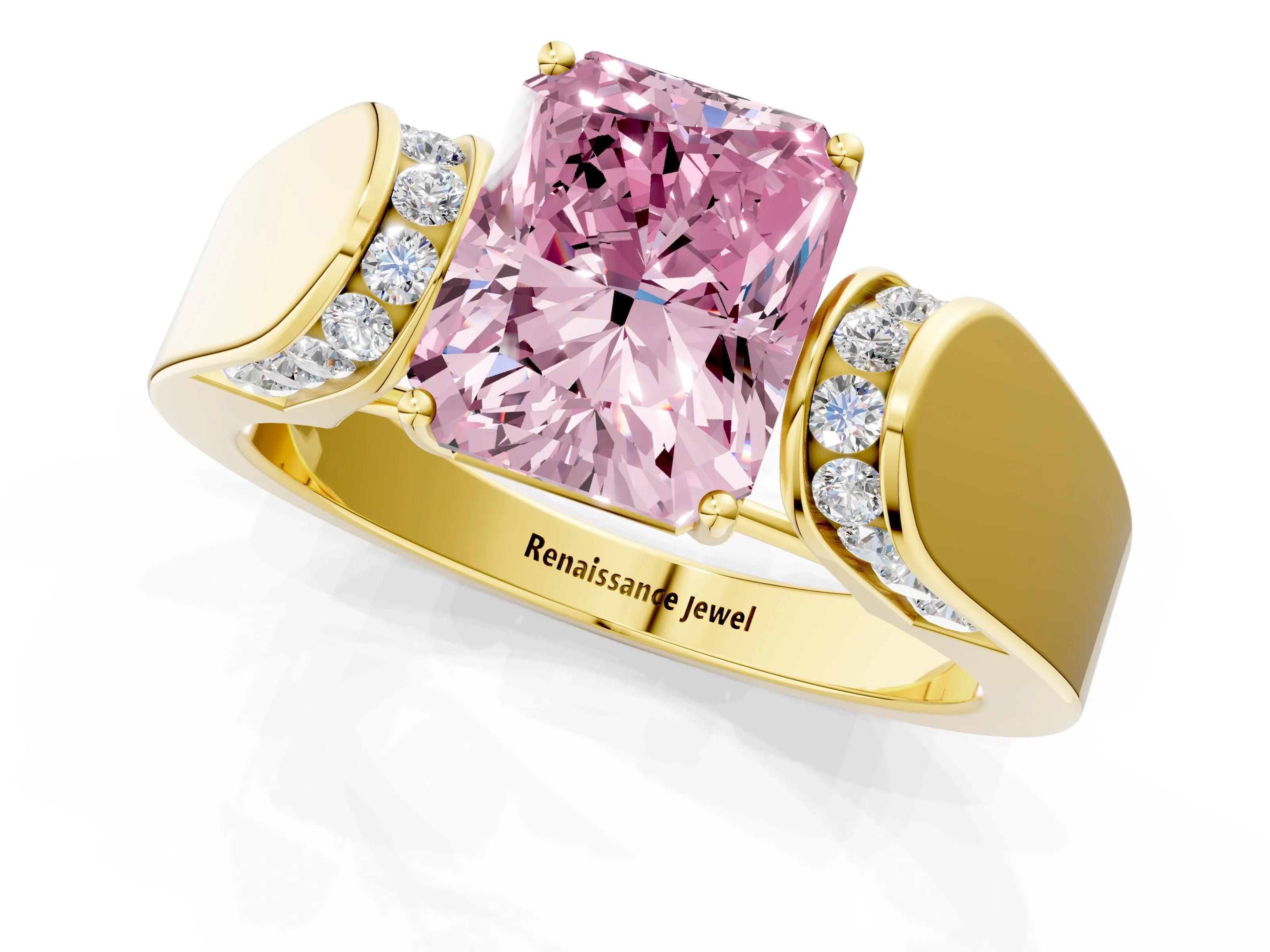Yellow gold Fancy Pink Radiant Cut Cut Diamond Channel Set Solitaire Ring with Four-Prong Setting_1