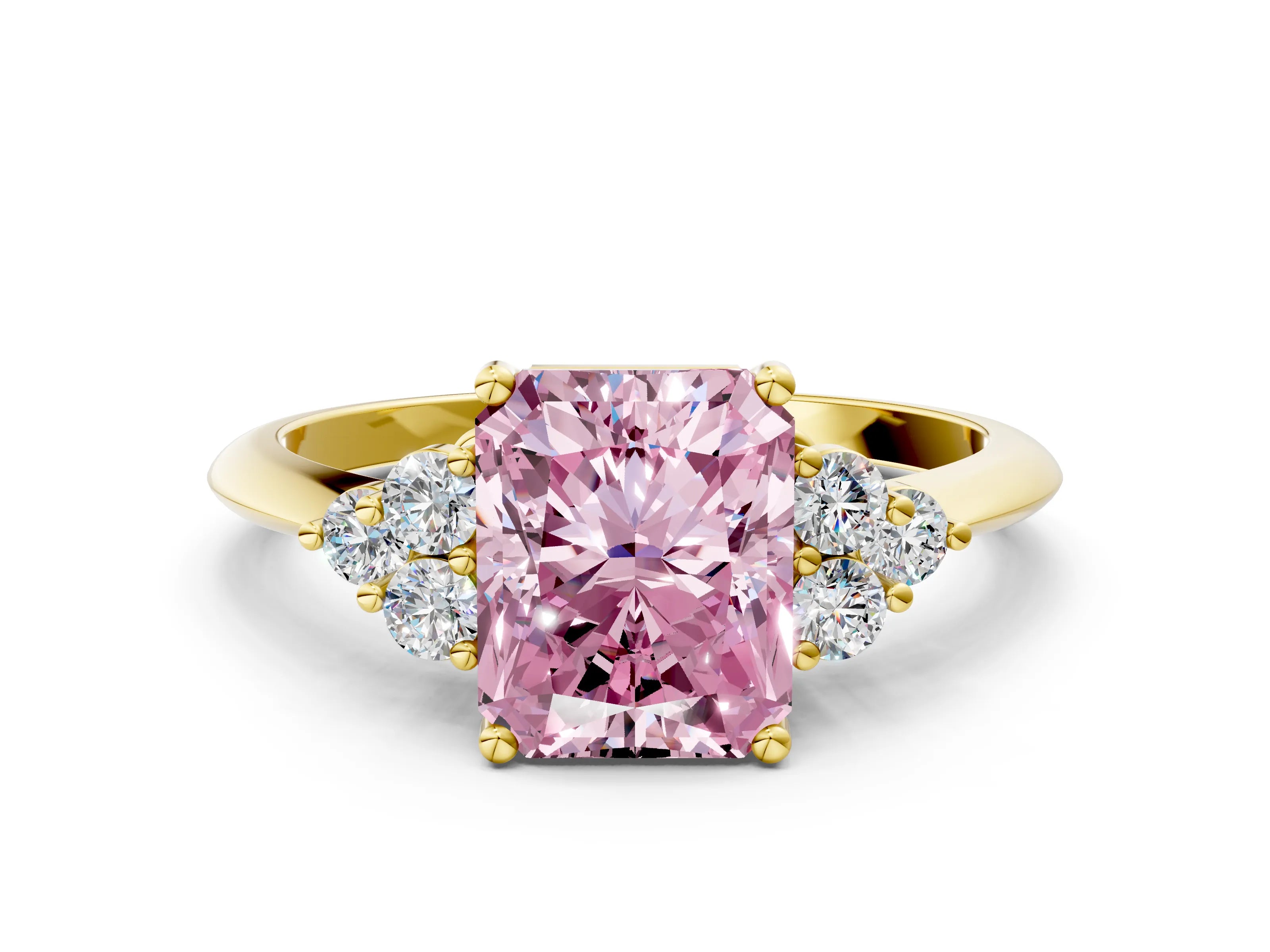 Yellow gold Fancy Pink Radiant Cut Cut Diamond Cluster Ring with Solitaire Band and Four-Prong Setting