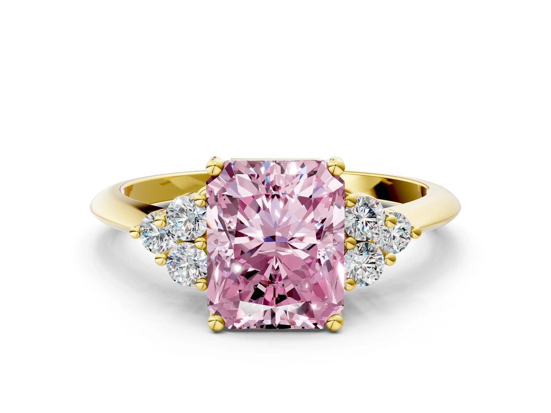 Yellow gold Fancy Pink Radiant Cut Cut Diamond Cluster Ring with Solitaire Band and Four-Prong Setting