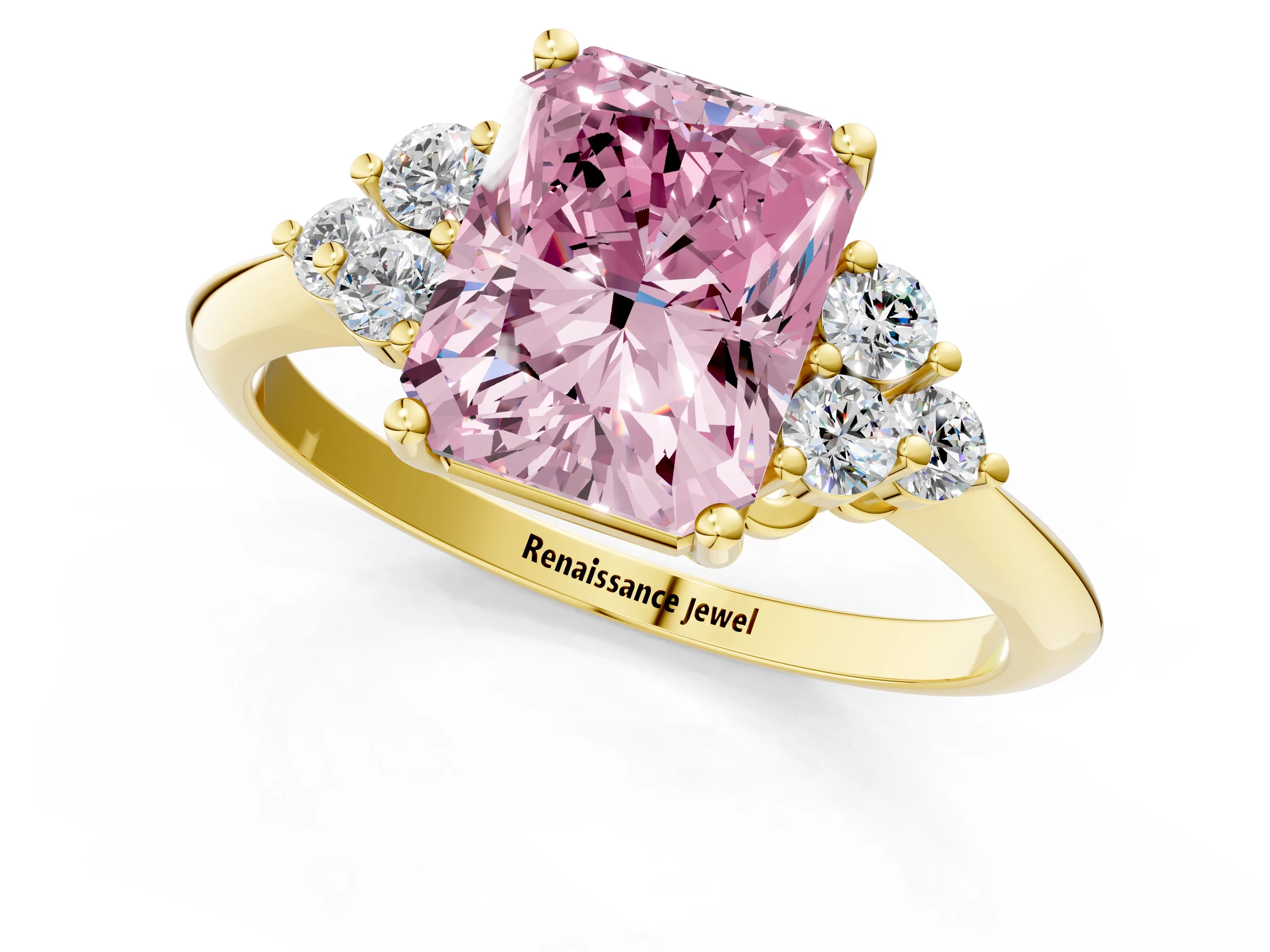 Yellow gold Fancy Pink Radiant Cut Cut Diamond Cluster Ring with Solitaire Band and Four-Prong Setting_1