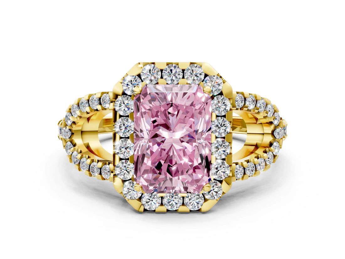 Yellow gold Fancy Pink Radiant Cut Cut Diamond Halo Engagement Ring with Open Split Pavé Band