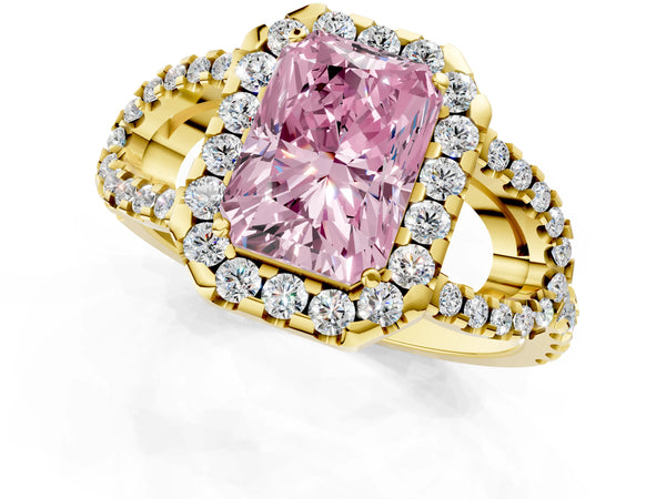 Yellow Gold Radiant Cut Split Shank Pave Halo Engagement Ring Setting for Fancy Pink Center