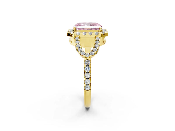 Yellow Gold Radiant Cut Split Shank Pave Halo Engagement Ring Setting for Fancy Pink Center