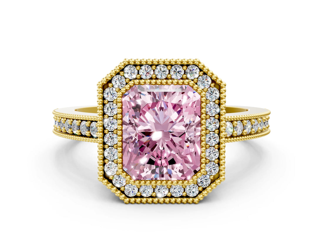 Yellow gold Fancy Pink Radiant Cut-Cut Diamond Halo Engagement Ring with Pave Band and Prong Setting