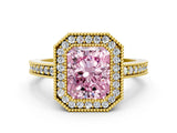 Yellow gold Fancy Pink Radiant Cut-Cut Diamond Halo Engagement Ring with Pave Band and Prong Setting