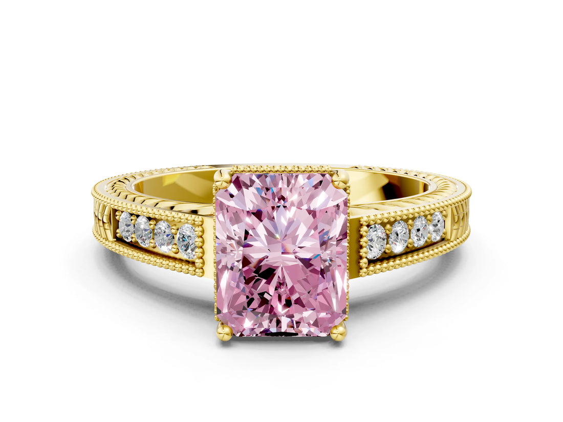 Yellow gold Fancy Pink Radiant Cut Cut Diamond Milgrain Pave Band Four-Prong Setting Ring_3