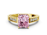 Yellow gold Fancy Pink Radiant Cut Cut Diamond Milgrain Pave Band Four-Prong Setting Ring_3