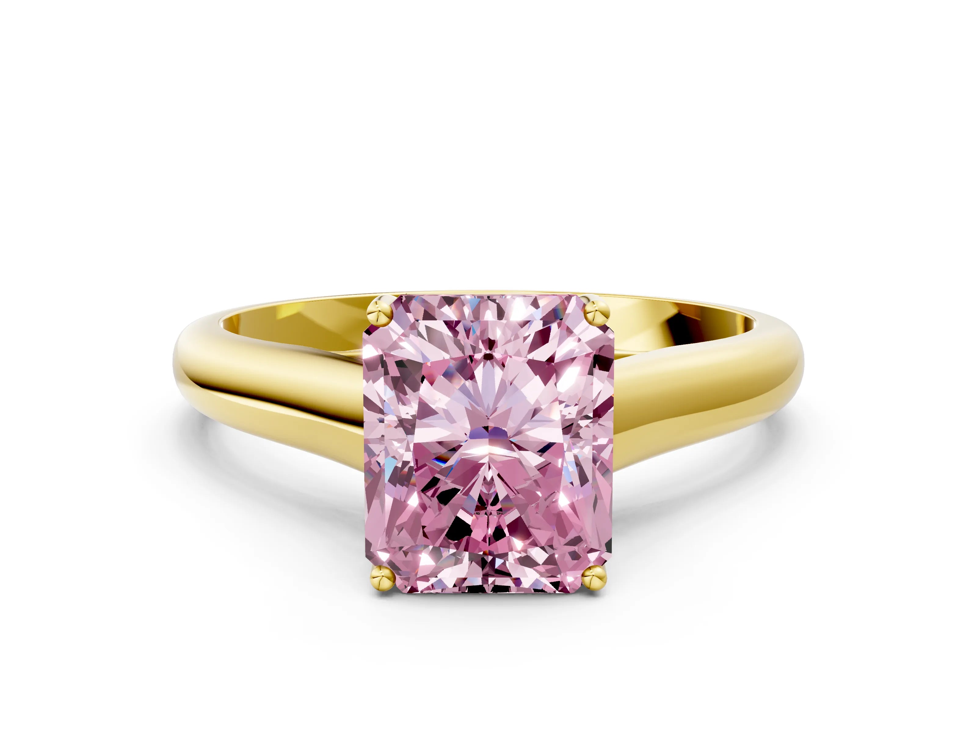 Yellow gold Fancy Pink Radiant Cut Cut Diamond Solitaire Engagement Ring with Tapered Plain Band and Four-Prong Setting