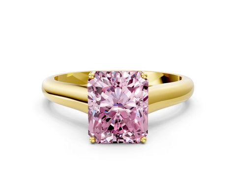 Yellow gold Fancy Pink Radiant Cut Cut Diamond Solitaire Engagement Ring with Tapered Plain Band and Four-Prong Setting