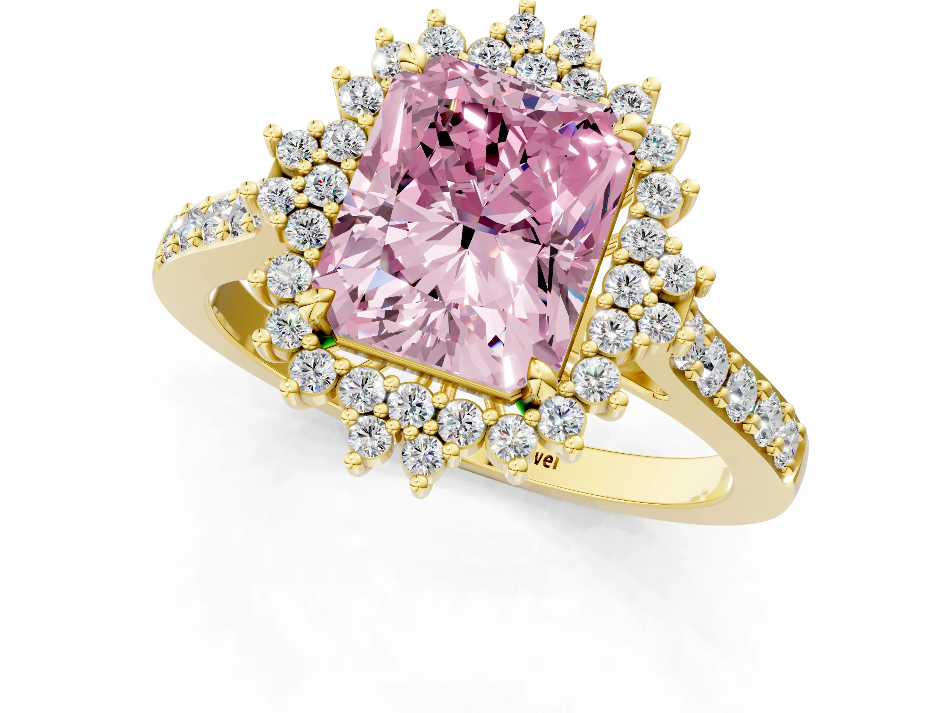 Yellow gold Fancy Pink Radiant Cut Cut Diamond Sunburst Halo Engagement Ring with Pavé Band_1