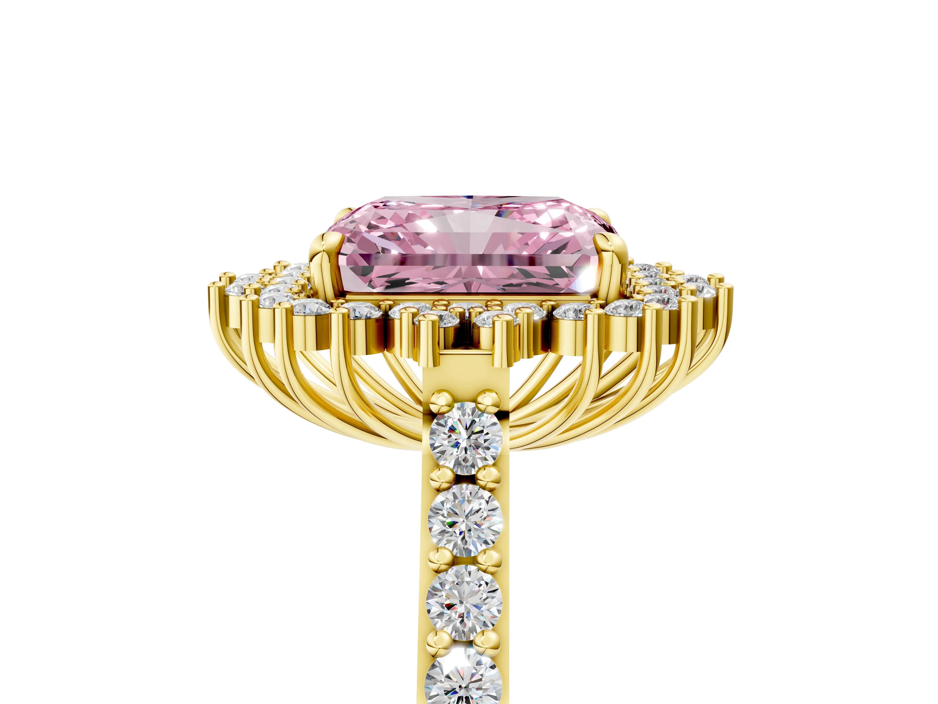 Yellow gold Fancy Pink Radiant Cut Cut Diamond Sunburst Halo Engagement Ring with Pavé Band_5