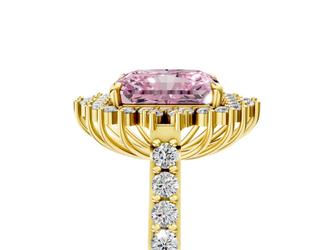 Yellow gold Fancy Pink Radiant Cut Cut Diamond Sunburst Halo Engagement Ring with Pavé Band_5