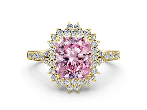 Yellow gold Fancy Pink Radiant Cut Cut Diamond Sunburst Halo Engagement Ring with Pavé Band