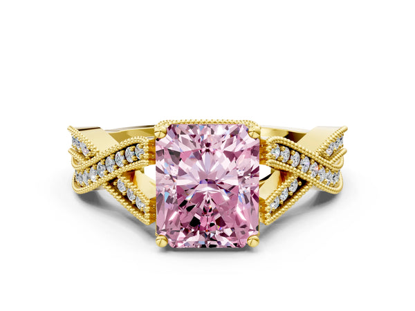 Yellow gold Fancy Pink Radiant Cut Cut Diamond Twisted Band with Milgrain Pave Setting and Four-Prong Setting