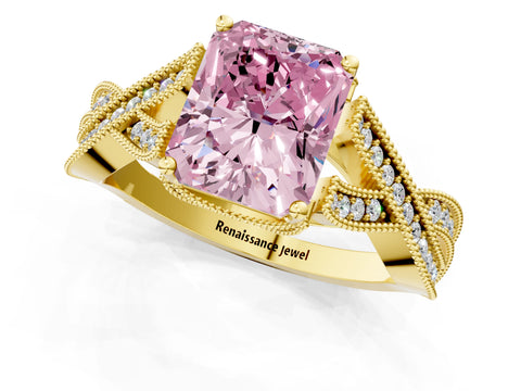 Yellow gold Fancy Pink Radiant Cut Cut Diamond Twisted Band with Milgrain Pave Setting and Four-Prong Setting_1