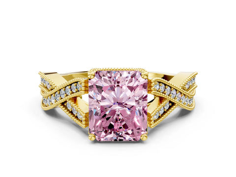 Yellow gold Fancy Pink Radiant Cut Cut Diamond Twisted Band with Milgrain Pave Setting and Four-Prong Setting