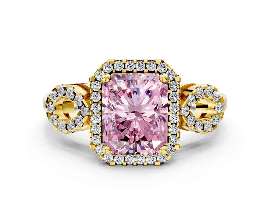 Yellow gold Fancy Pink Radiant Cut Cut Halo Diamond Infinity Band with Four-Prong Setting