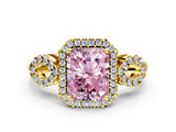 Yellow gold Fancy Pink Radiant Cut Cut Halo Diamond Infinity Band with Four-Prong Setting