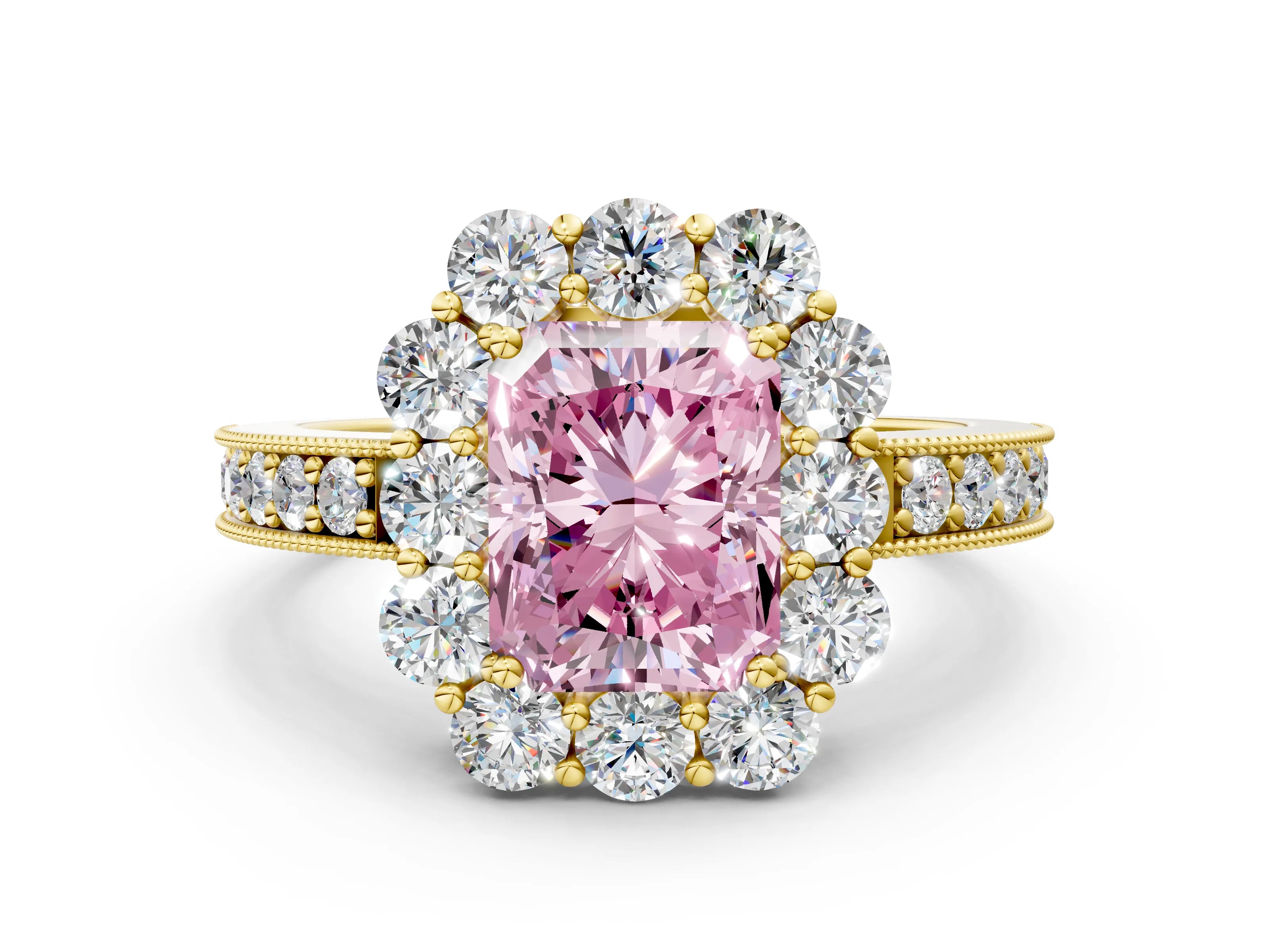 Yellow gold Fancy Pink Radiant Cut Cut Halo Diamond Pavé Engagement Ring with Milgrain Detailing
