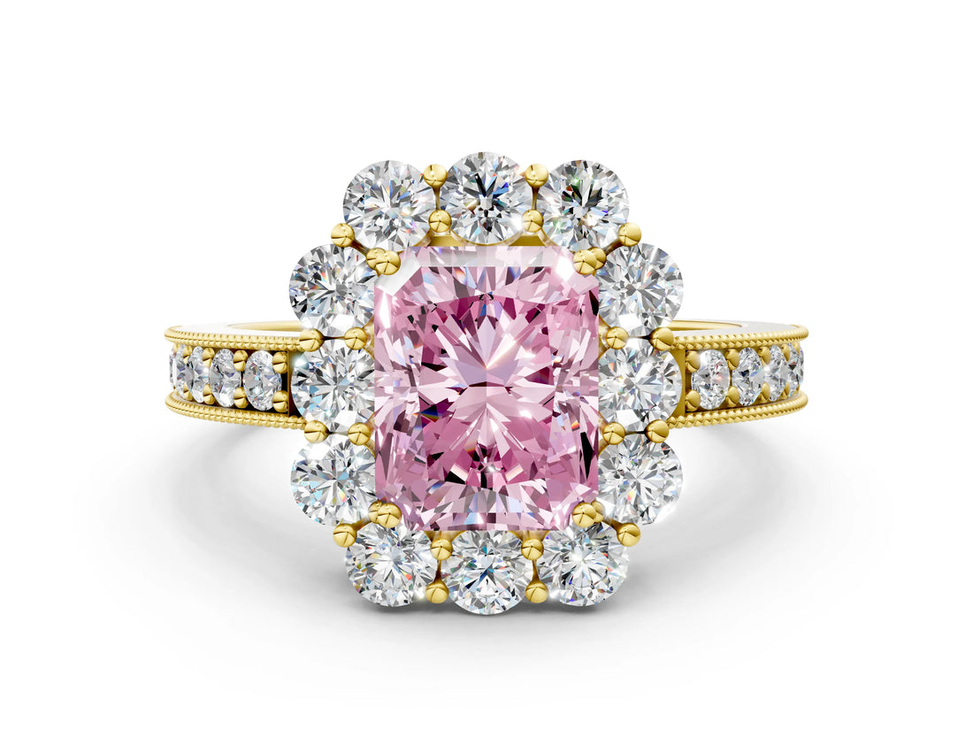 Yellow gold Fancy Pink Radiant Cut Cut Halo Diamond Pavé Engagement Ring with Milgrain Detailing