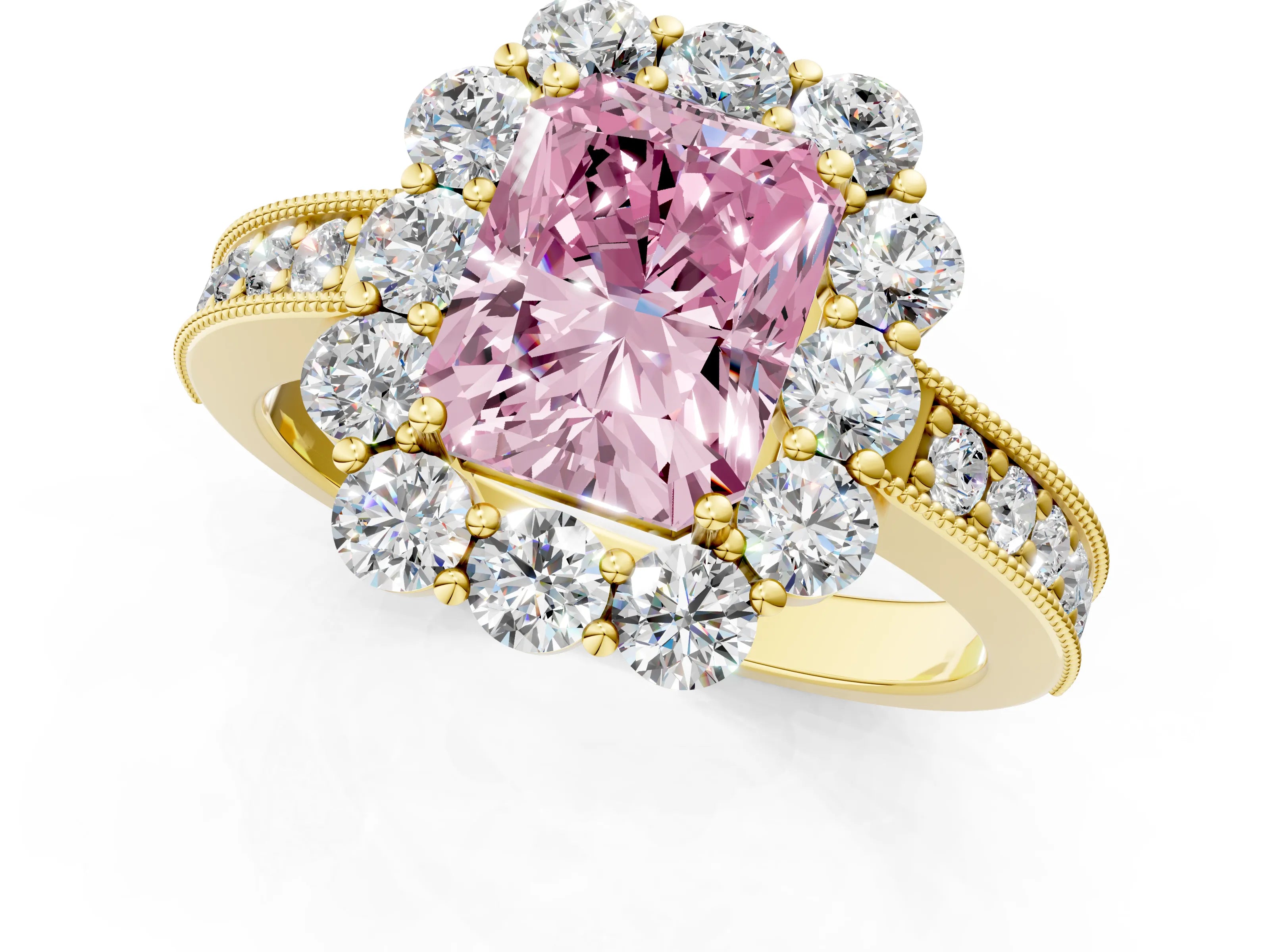 Yellow gold Fancy Pink Radiant Cut Cut Halo Diamond Pavé Engagement Ring with Milgrain Detailing_1