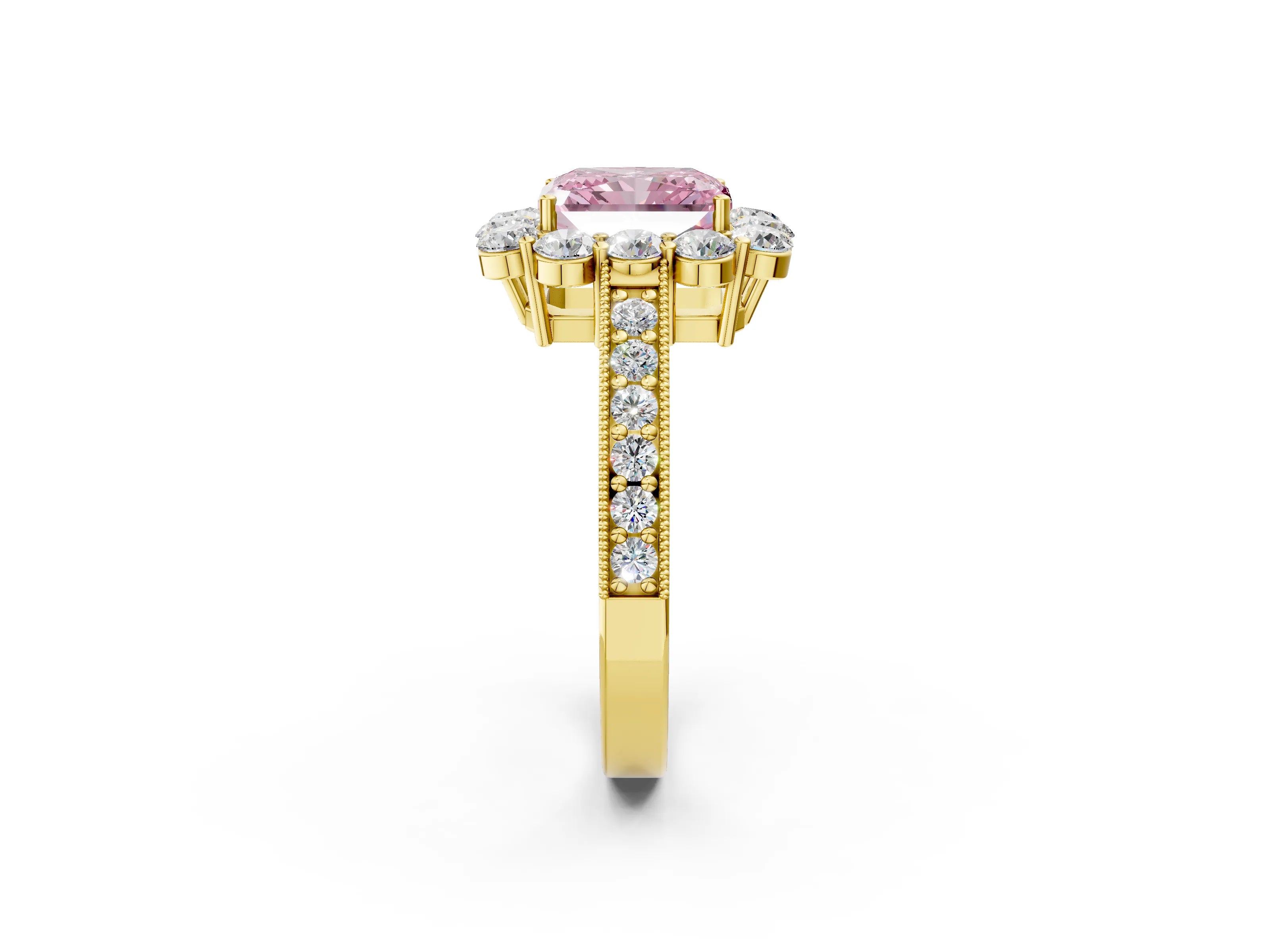 Yellow gold Fancy Pink Radiant Cut Cut Halo Diamond Pavé Engagement Ring with Milgrain Detailing_2