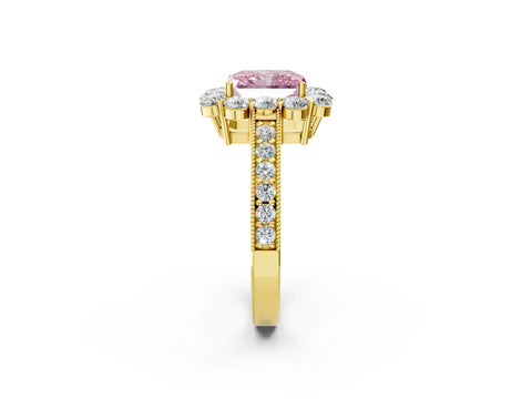 Yellow gold Fancy Pink Radiant Cut Cut Halo Diamond Pavé Engagement Ring with Milgrain Detailing_2