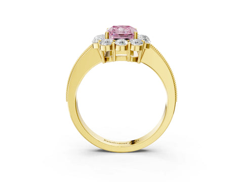 Yellow gold Fancy Pink Radiant Cut Cut Halo Diamond Pavé Engagement Ring with Milgrain Detailing_3
