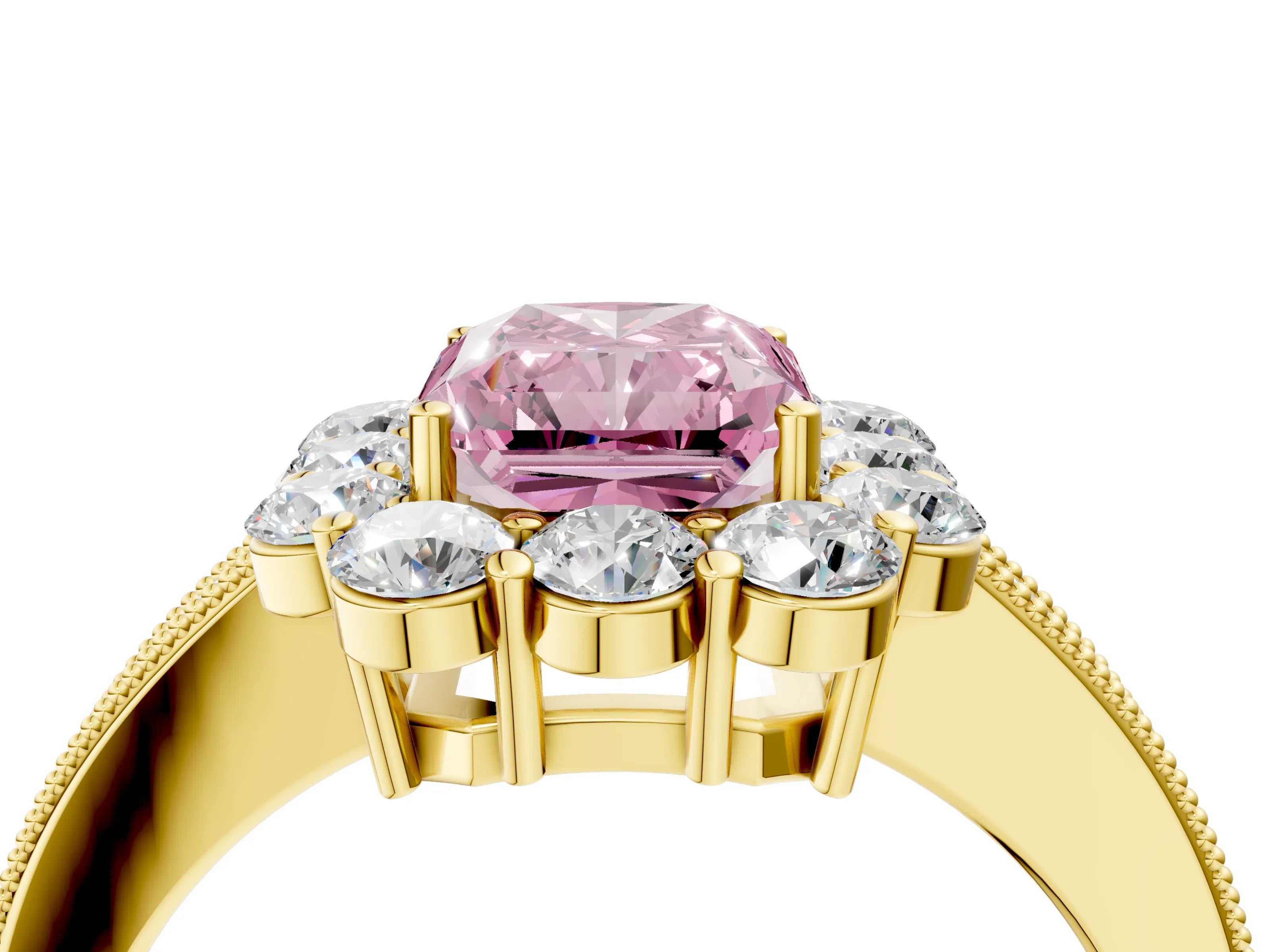 Yellow gold Fancy Pink Radiant Cut Cut Halo Diamond Pavé Engagement Ring with Milgrain Detailing_4