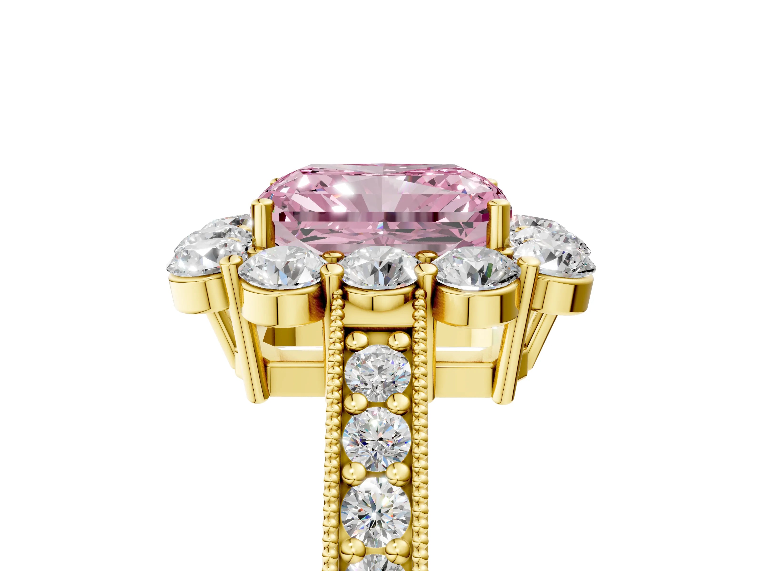 Yellow gold Fancy Pink Radiant Cut Cut Halo Diamond Pavé Engagement Ring with Milgrain Detailing_5