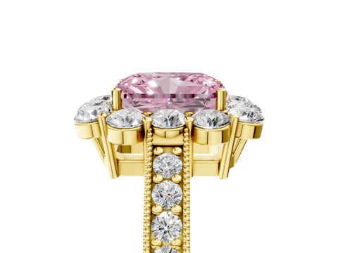 Yellow gold Fancy Pink Radiant Cut Cut Halo Diamond Pavé Engagement Ring with Milgrain Detailing_5
