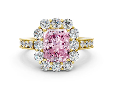 Yellow gold Fancy Pink Radiant Cut Cut Halo Diamond Pavé Engagement Ring with Milgrain Detailing