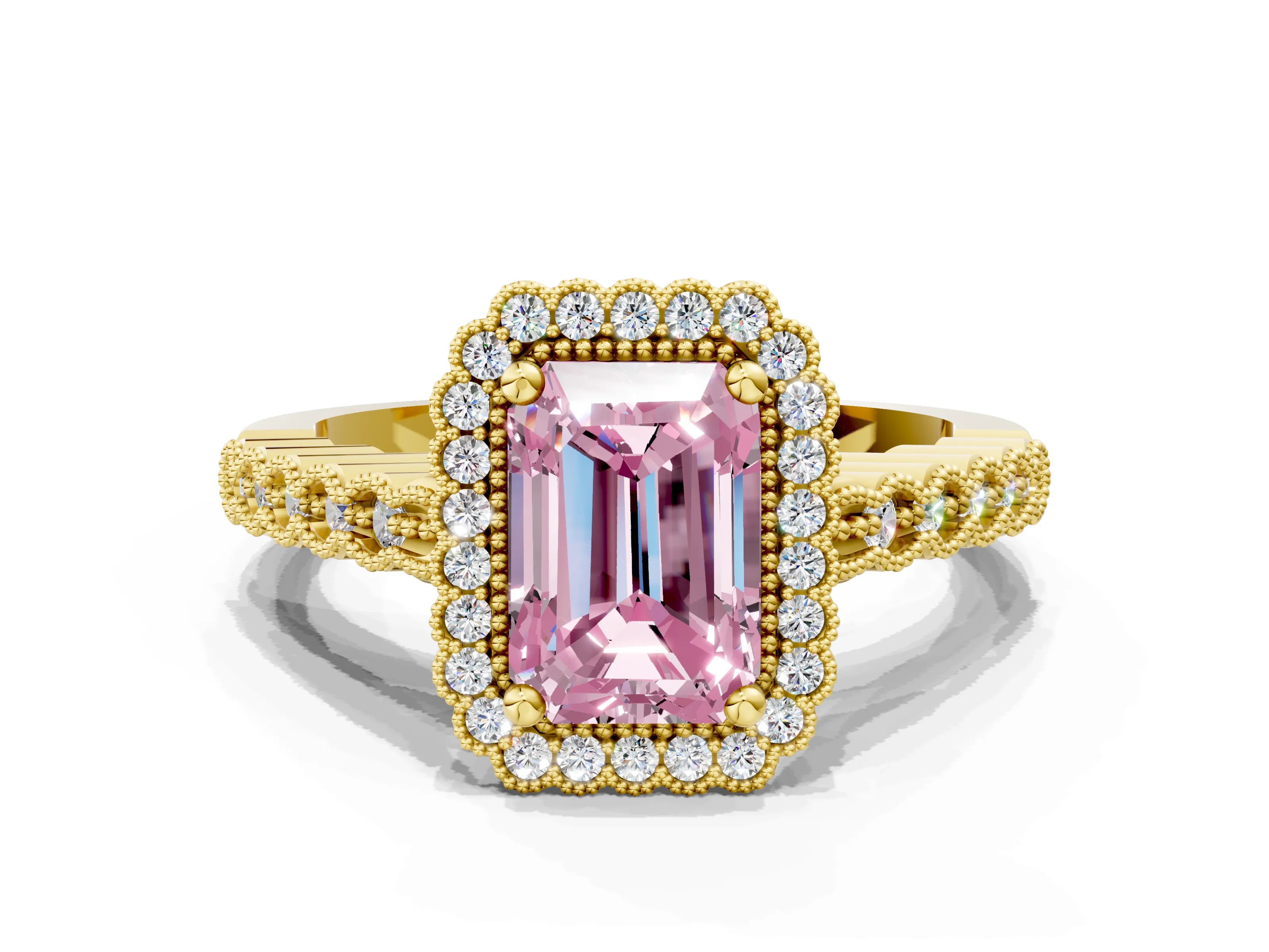 Yellow gold Fancy Pink Radiant Cut Cut Halo Pavé Solitaire Ring with Milgrain Band