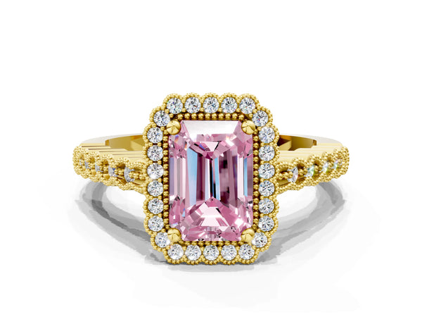 Yellow gold Fancy Pink Radiant Cut Cut Halo Pavé Solitaire Ring with Milgrain Band