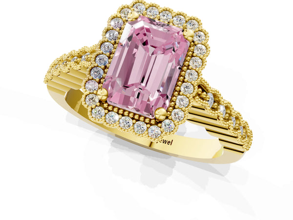 Yellow gold Fancy Pink Radiant Cut Cut Halo Pavé Solitaire Ring with Milgrain Band