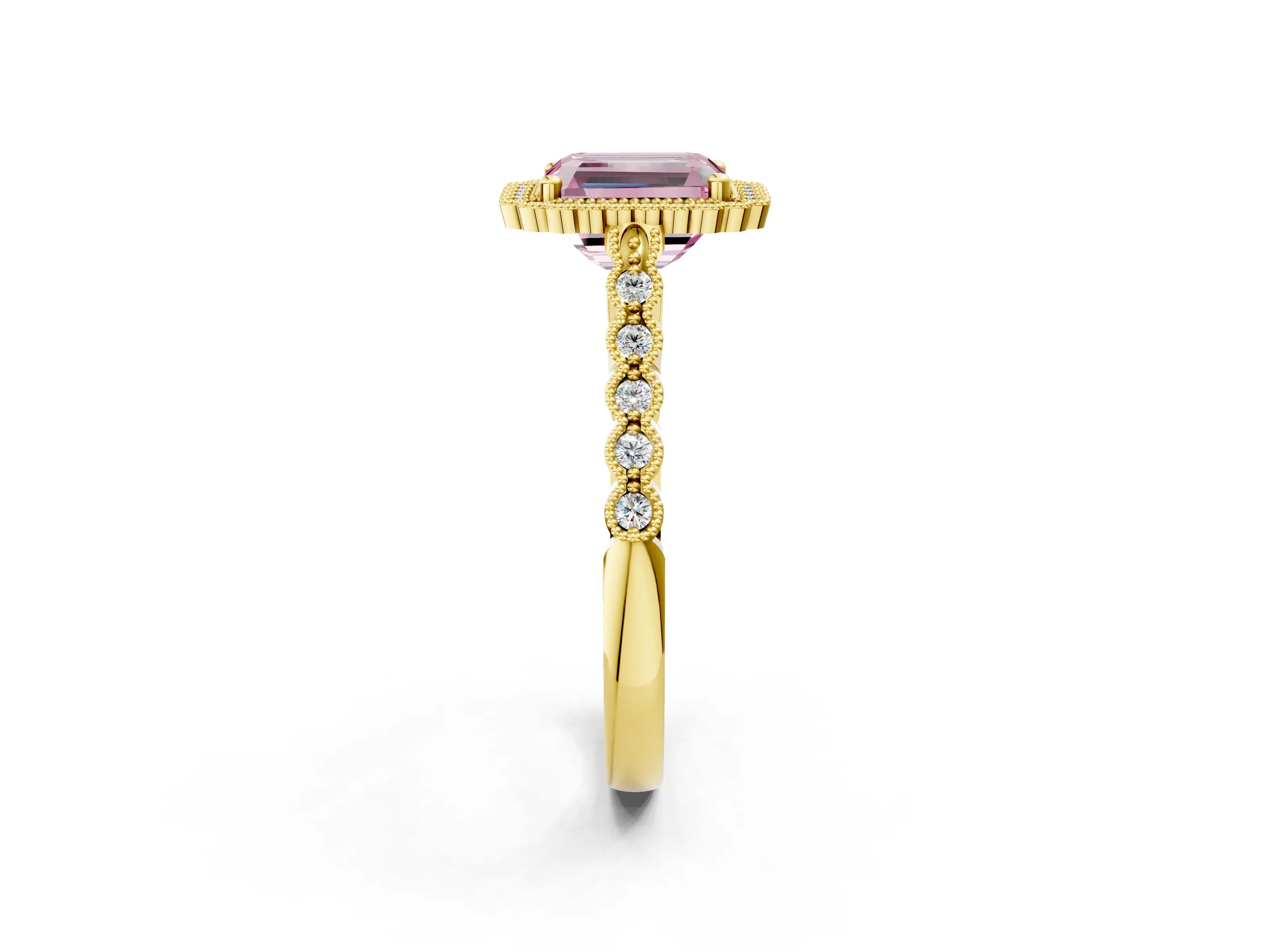 Yellow gold Fancy Pink Radiant Cut Cut Halo Pavé Solitaire Ring with Milgrain Band_2