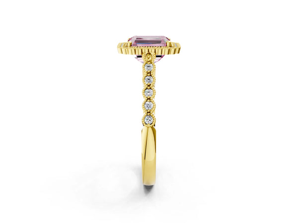 Yellow gold Fancy Pink Radiant Cut Cut Halo Pavé Solitaire Ring with Milgrain Band