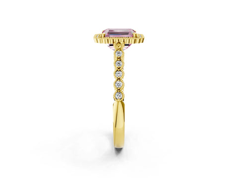 Yellow gold Fancy Pink Radiant Cut Cut Halo Pavé Solitaire Ring with Milgrain Band_2