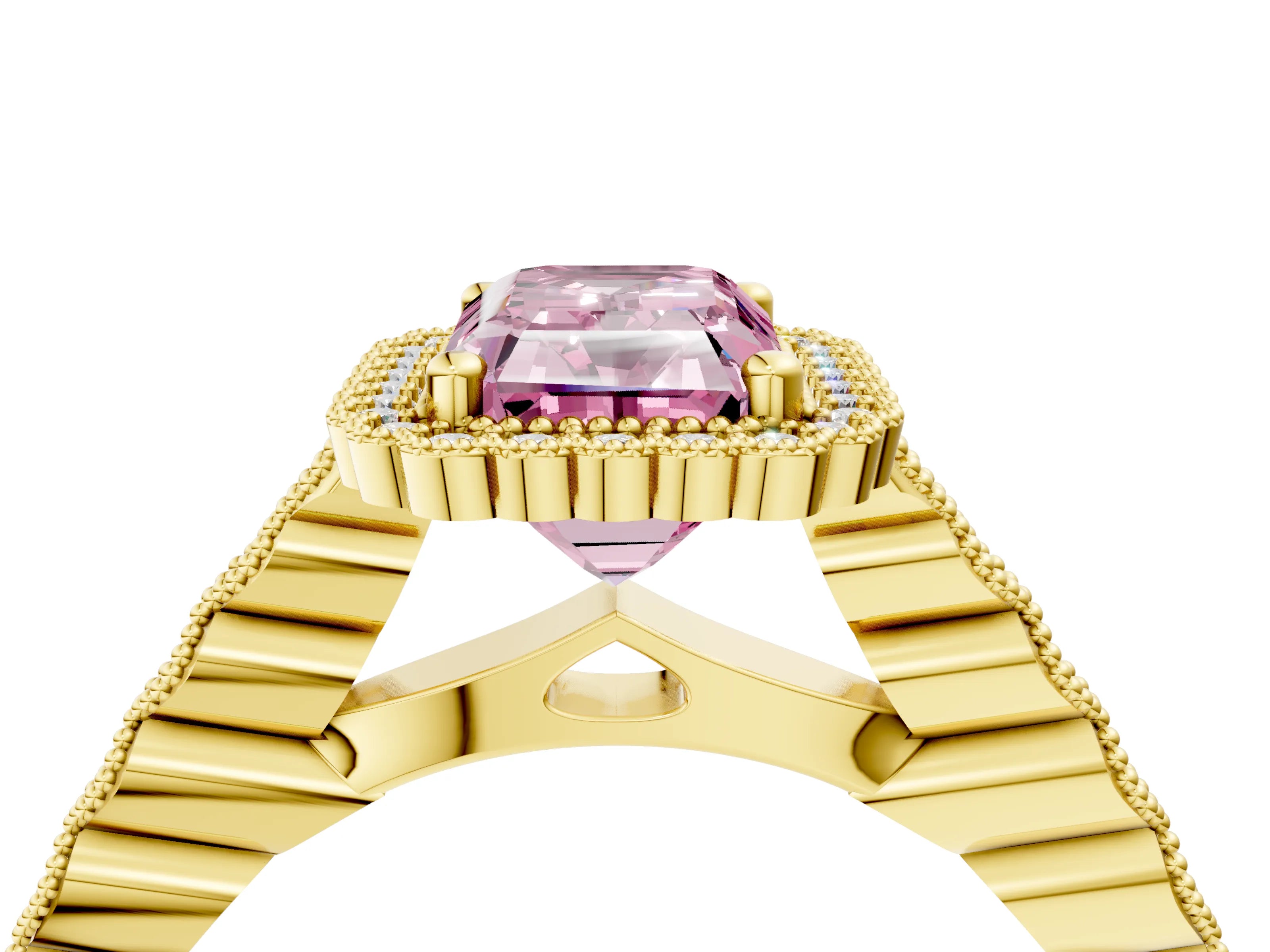 Yellow gold Fancy Pink Radiant Cut Cut Halo Pavé Solitaire Ring with Milgrain Band_4
