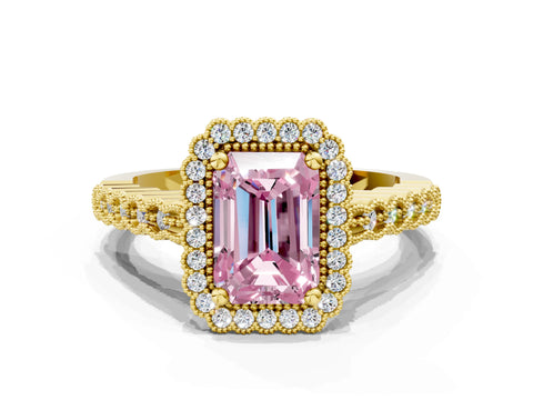 Yellow gold Fancy Pink Radiant Cut Cut Halo Pavé Solitaire Ring with Milgrain Band