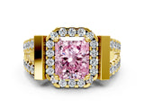 Yellow gold Fancy Pink Radiant Cut Cut Halo Split Shank Prong Set Ring