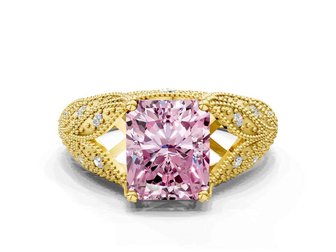 Yellow gold Fancy Pink Radiant Cut Cut Milgrain Pave Diamond Engagement Ring with Four-Prong Setting_27