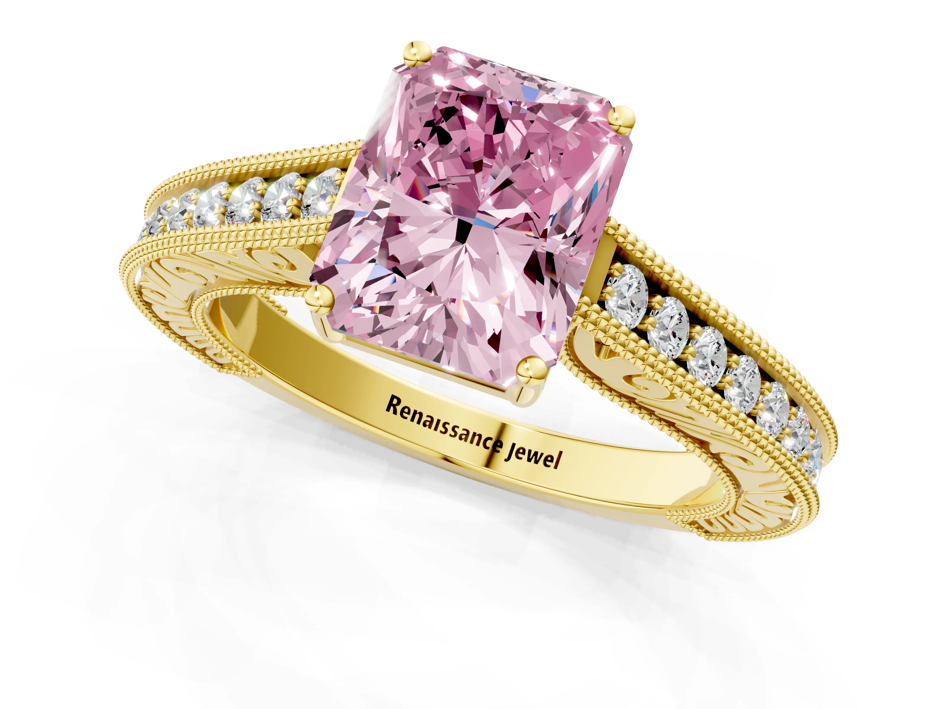 Yellow gold Fancy Pink Radiant Cut Cut Pave Band Milgrain Solitaire Ring_22
