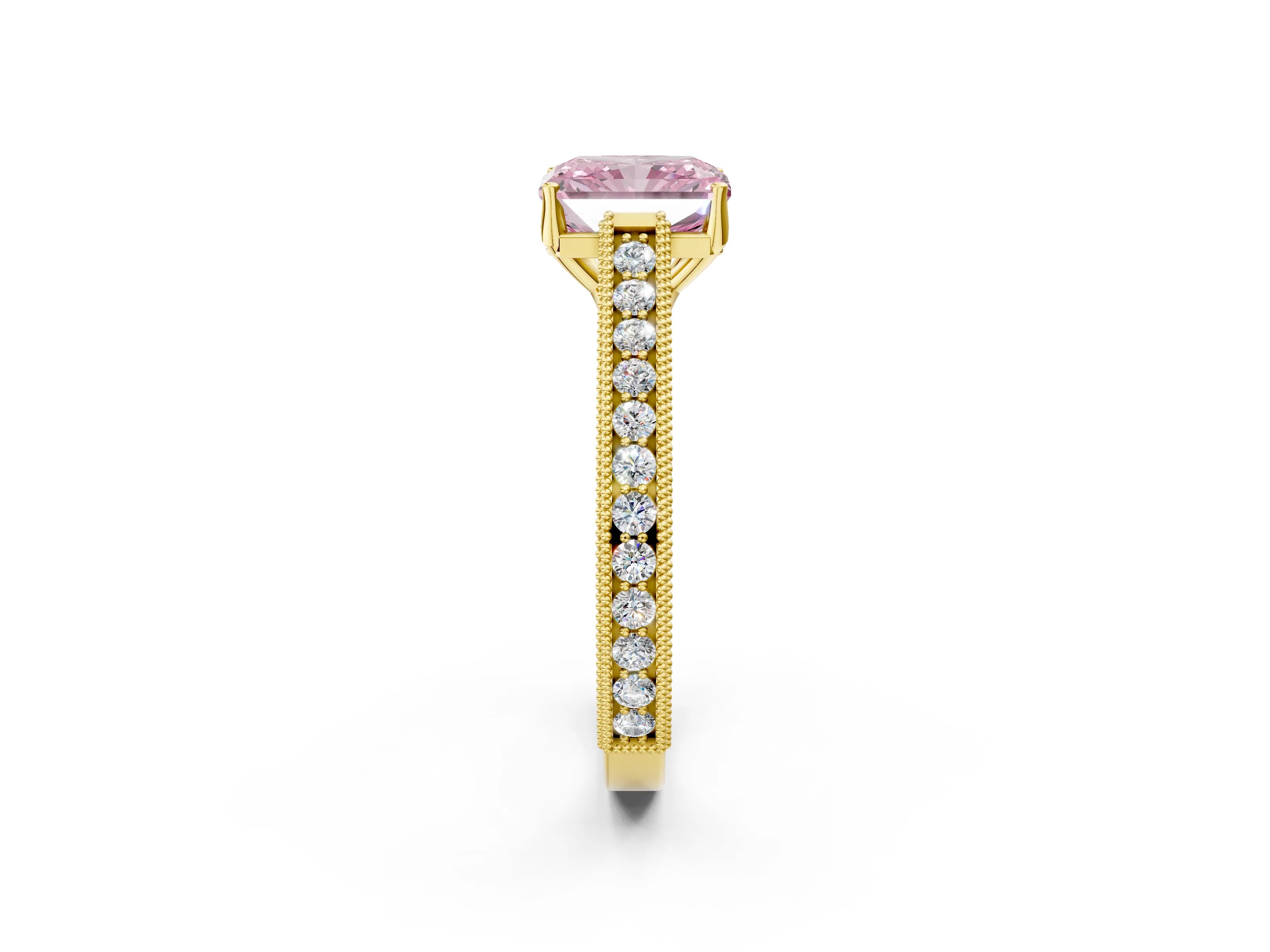 Yellow gold Fancy Pink Radiant Cut Cut Pave Band Milgrain Solitaire Ring_23