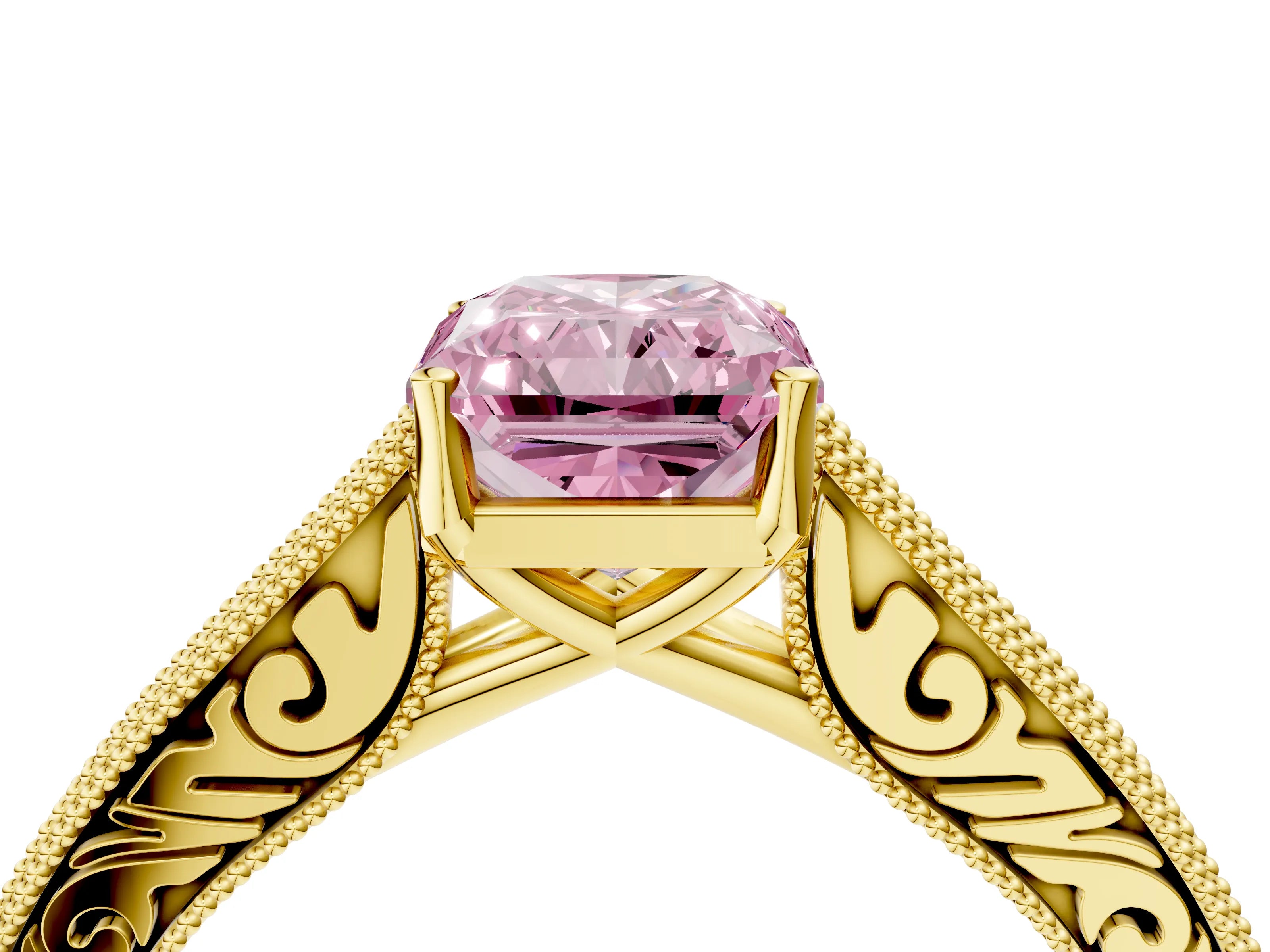 Yellow gold Fancy Pink Radiant Cut Cut Pave Band Milgrain Solitaire Ring_4