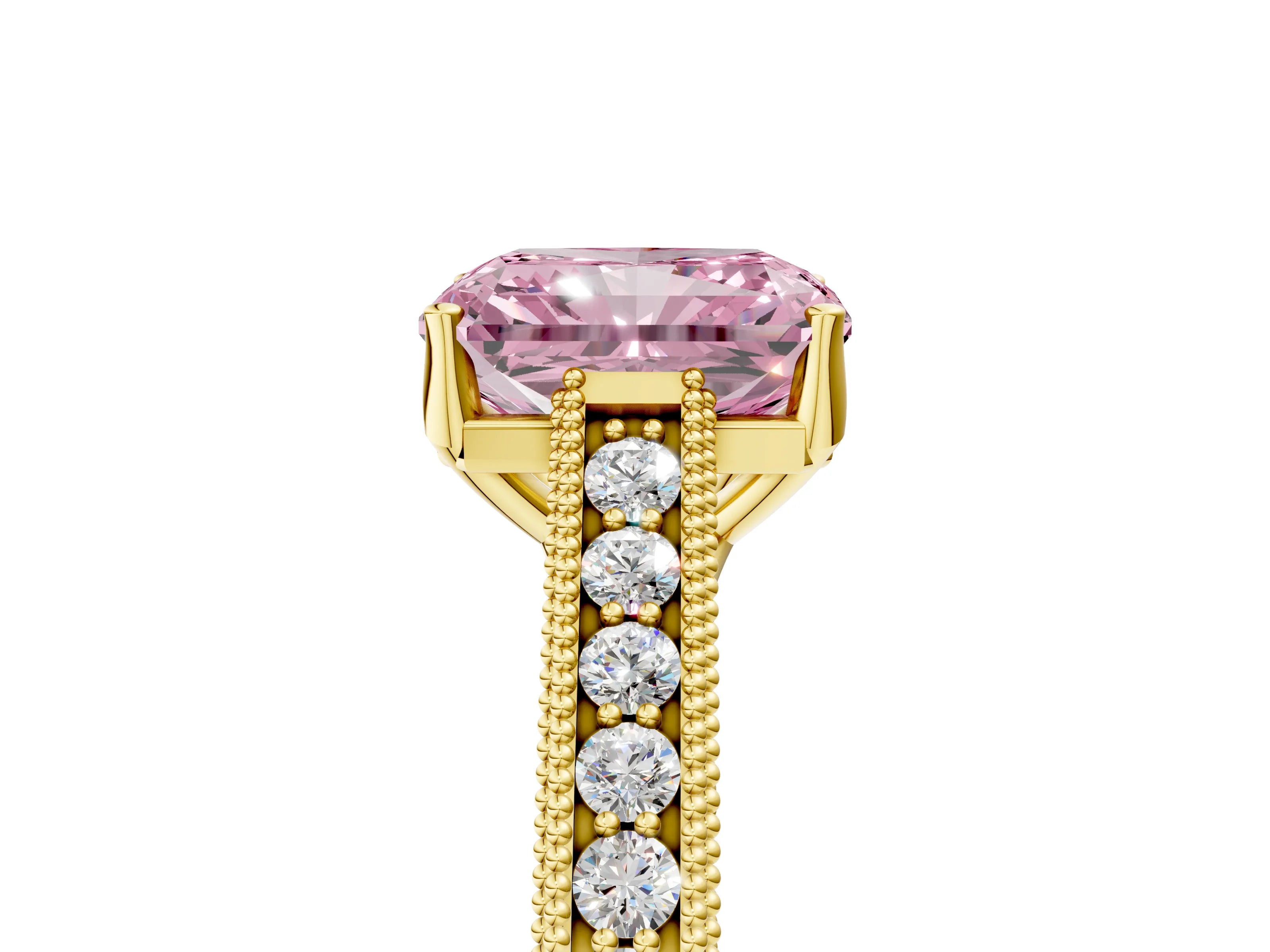 Yellow gold Fancy Pink Radiant Cut Cut Pave Band Milgrain Solitaire Ring_5