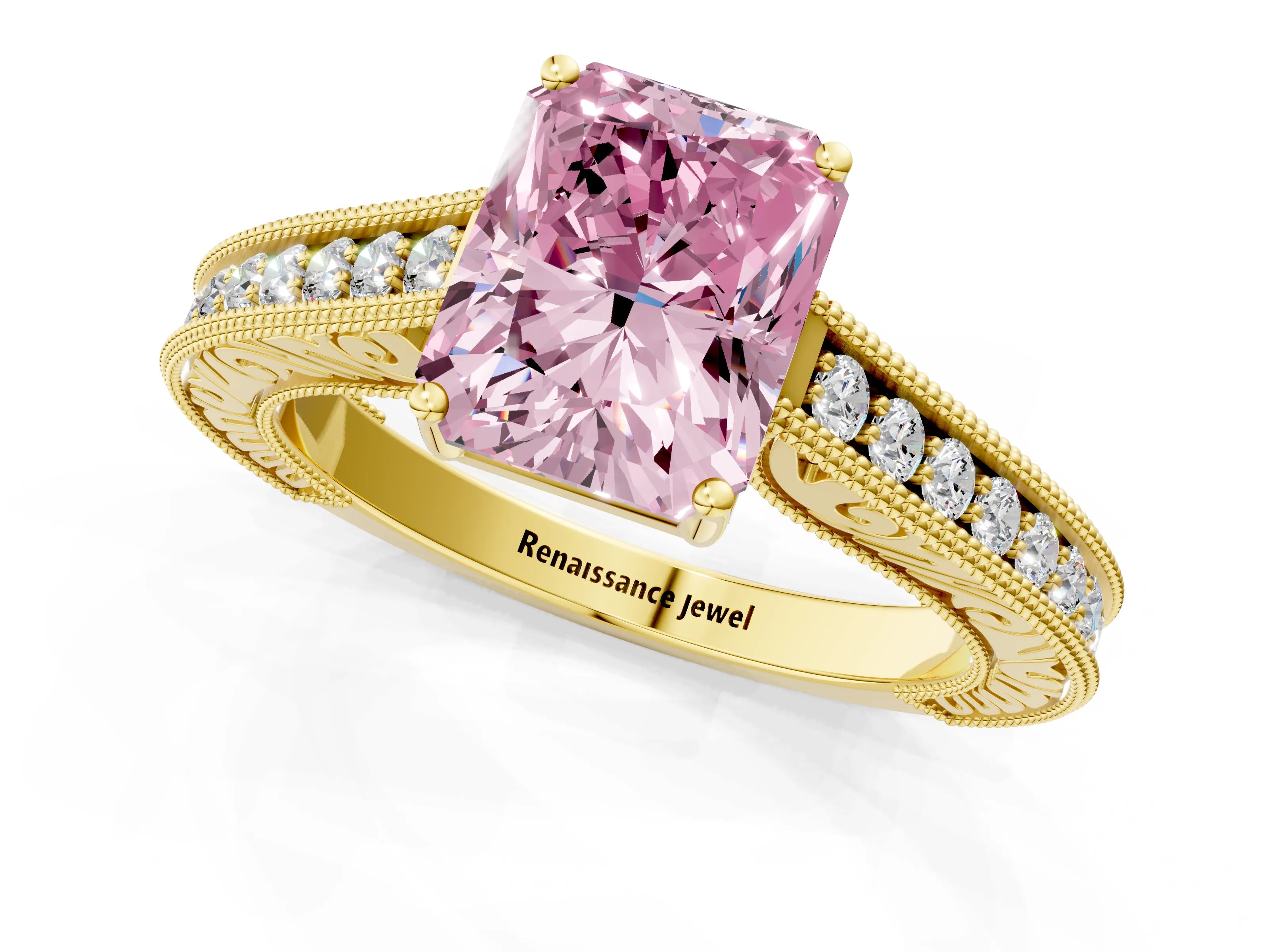 Yellow gold Fancy Pink Radiant Cut Cut Pave Band Milgrain Solitaire Ring_8
