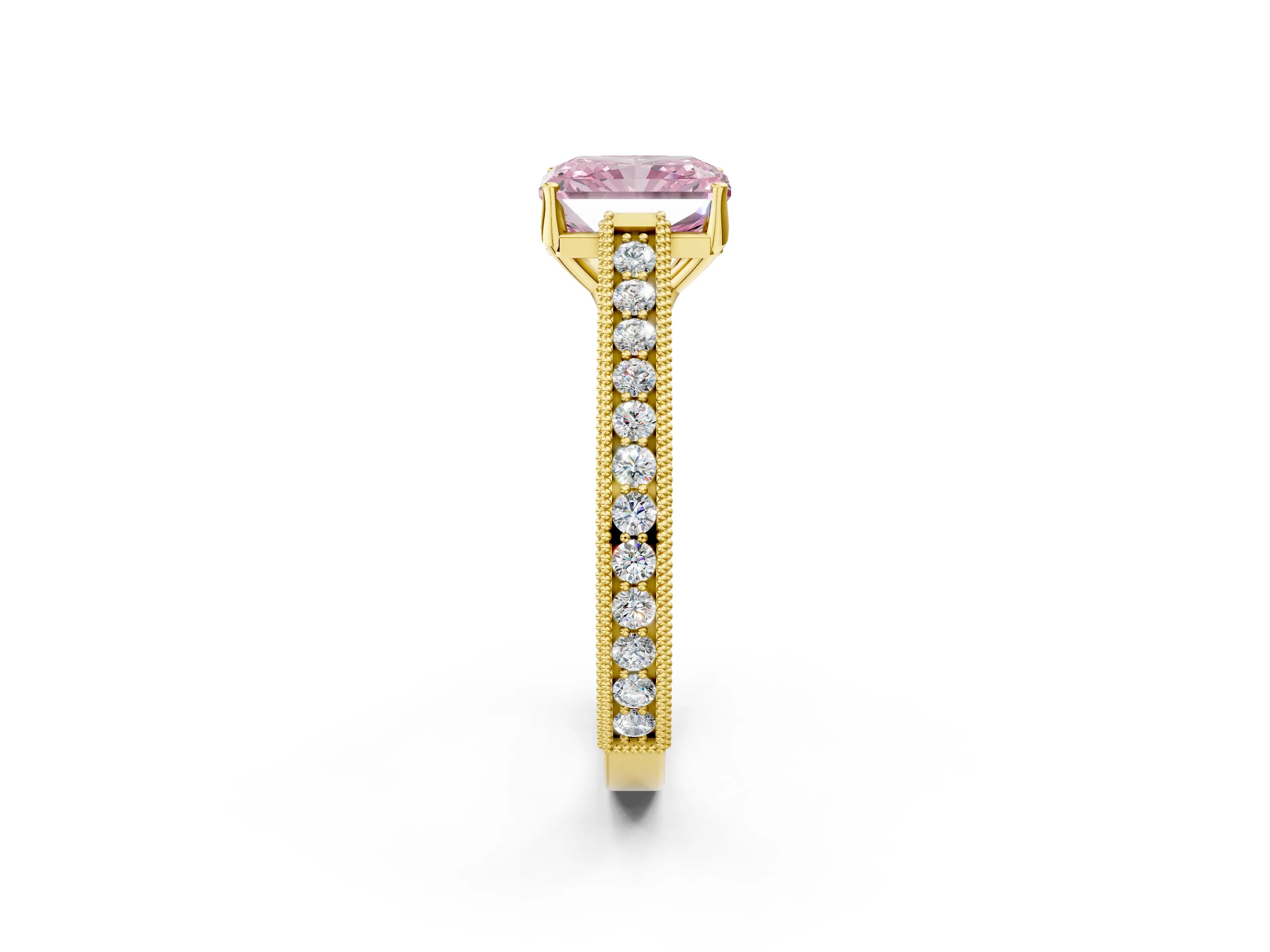 Yellow gold Fancy Pink Radiant Cut Cut Pave Band Milgrain Solitaire Ring_9